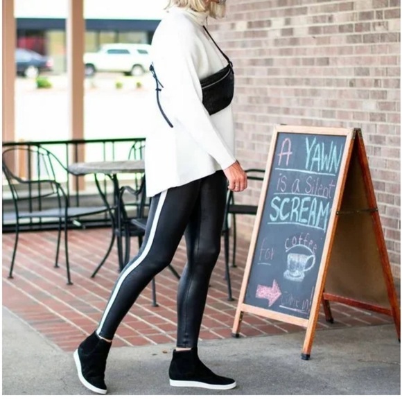 Spanx Black Faux Leather Side Stripe High Waist Leggings Large - Picture 4 of 17